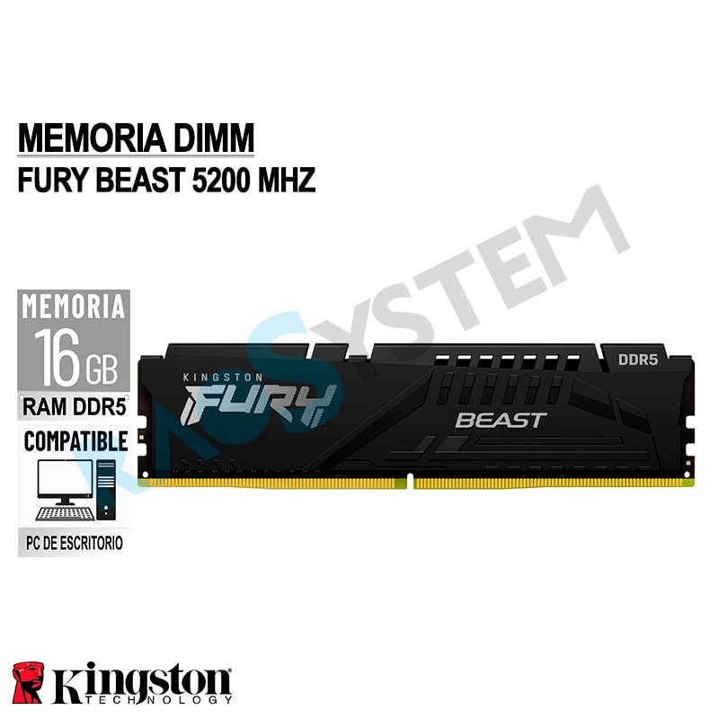 Memoria RAM Kingston Fury Beast 16GB DDR5 5200MHz KF552C40BB-16 Memoria RAM Kingston Fury Beast 16GB DDR5 5200MHz KF552C40BB-16
