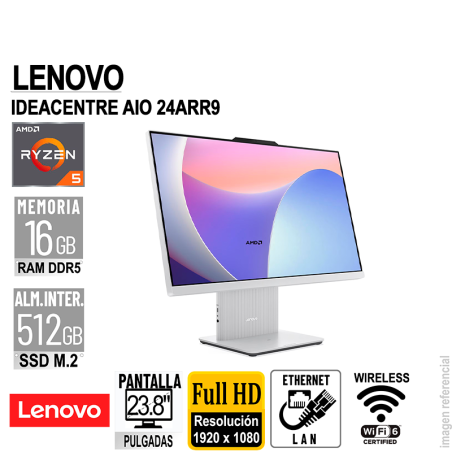 AIO Lenovo IdeaCentre AIO 24ARR9, 23.8" FHD IPS AMD Ryzen 5 7535HS 16GB DDR5 sin sistema operativo