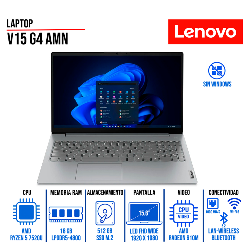 Laptop Lenovo V15 G4 AMN 15.6" FullHD AMD Ryzen 5 7520U 16GB-LPDDR5